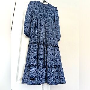 Simply Southern Lined Dress Womens Medium Blue Long Sleeve Ruffles CLEAN Midi